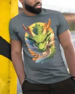Japanese Dragon Graphic T-Shirt Mythical Asian Art Tee - model wearing grey tee, leaning on column