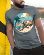 Cool Cats Beach Sunglasses Graphic T-Shirt Summer Vibe - model wearing grey tee, leaning on column