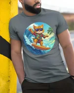 Surfing Cat Hawaiian Graphic T-Shirt Cool Summer Vibes - model wearing grey tee, leaning on column