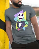 Spooky Skeleton Retro Graphic T-Shirt Halloween Style - model wearing grey tee, leaning on column