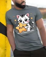 Cute Kitty Star Graphic T-Shirt Kawaii Cartoon Style Tee - model wearing grey tee, leaning on column