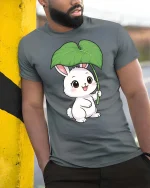Cute Bunny Leaf Umbrella Graphic T-Shirt Kawaii Style Tee - model wearing grey tee, leaning on column