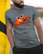 Funny Crab Playing Violin Graphic T-Shirt Cute Music Tee - model wearing grey tee, leaning on column