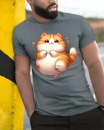 Cute Chubby Cat Graphic T-Shirt Kawaii Cartoon Style - model wearing grey tee, leaning on column
