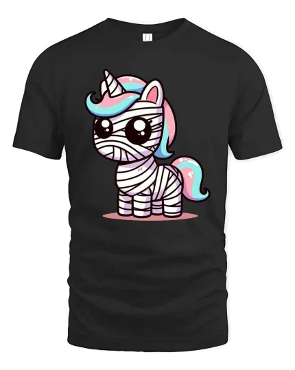 Cute Mummy Unicorn T-Shirt Funny Halloween Fantasy Tee - black t-shirt on white background