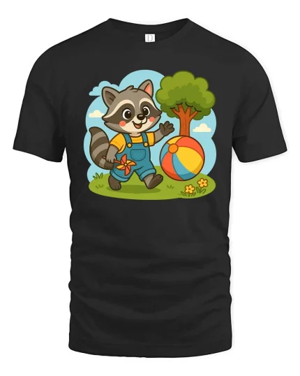 Cute Raccoon T-Shirt Funny Animal Playing Ball Graphic - black t-shirt on white background