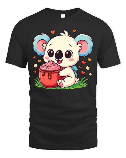 Cute Koala T-Shirt Sweet Animal Dessert Graphic Tee - black t-shirt on white background