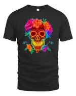 Neon Skull Flower T-Shirt Colorful Sugar Skull Graphic - black t-shirt on white background