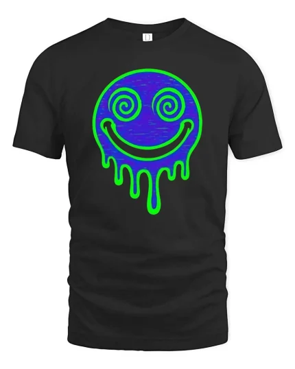 Neon Drip Smile T-Shirt Psychedelic Face Graphic Tee - black t-shirt on white background