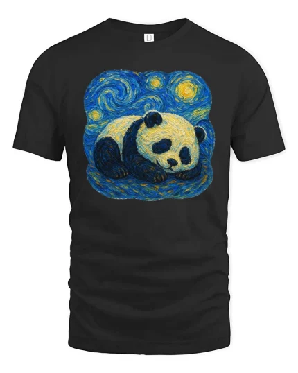 Sleeping Panda T-Shirt Starry Night Style Animal Art Tee - black t-shirt on white background