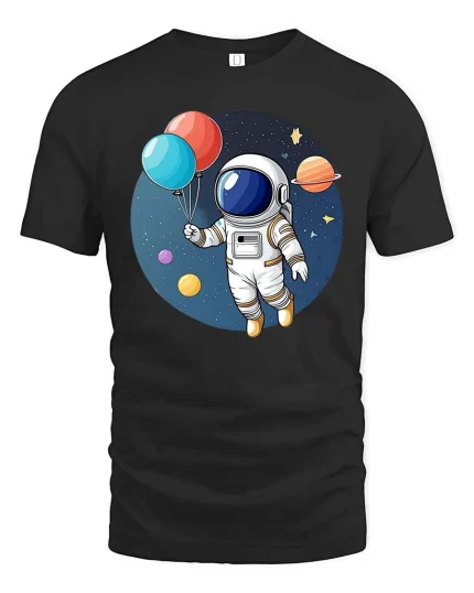 Astronaut Balloon T-Shirt Cute Space Explorer Graphic - black t-shirt on white background