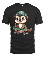 Cute Skater Otter T-Shirt Funny Animal Skateboard Tee - black t-shirt on white background
