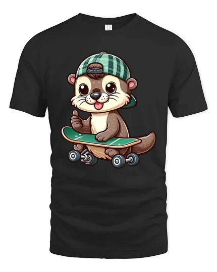 Cute Skater Otter T-Shirt Funny Animal Skateboard Tee - black t-shirt on white background