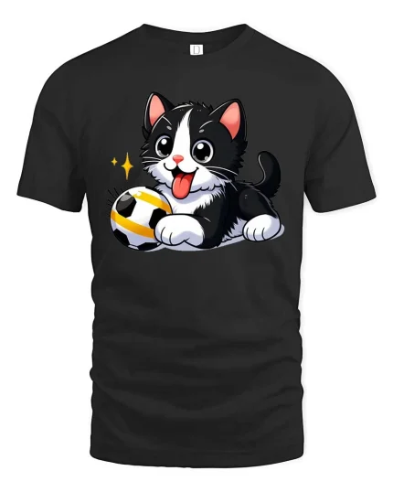 Cute Soccer Cat T-Shirt Funny Kitten Playing Ball Tee - black t-shirt on white background