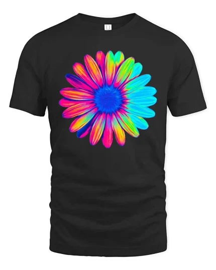 Colorful Flower T-Shirt Vibrant Rainbow Floral Graphic Tee - black t-shirt on white background