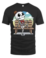 Funny Skeleton Bench T-Shirt Cute Cartoon Skull Graphic - black t-shirt on white background