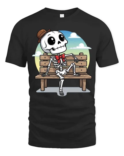 Funny Skeleton Bench T-Shirt Cute Cartoon Skull Graphic - black t-shirt on white background