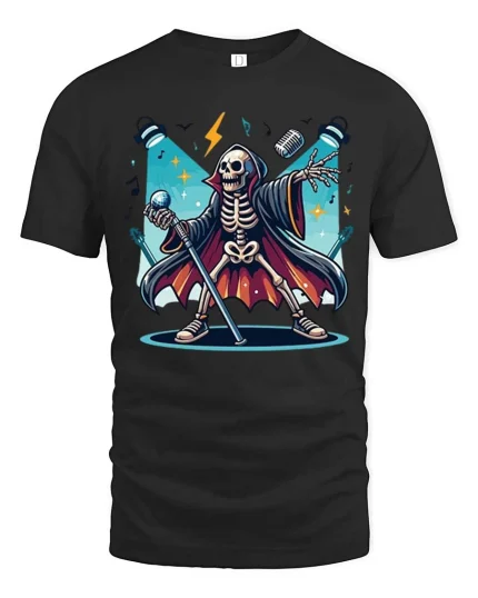 Rock Star Skeleton T-Shirt Funny Halloween Music Tee - black t-shirt on white background