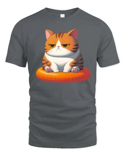 Grumpy Cute Cat T-Shirt Funny Orange Kitty Graphic Tee - gray t-shirt on white background