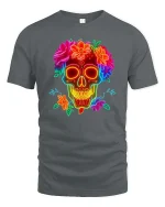 Neon Skull Flower T-Shirt Colorful Sugar Skull Graphic - gray t-shirt on white background