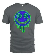 Neon Drip Smile T-Shirt Psychedelic Face Graphic Tee - gray t-shirt on white background