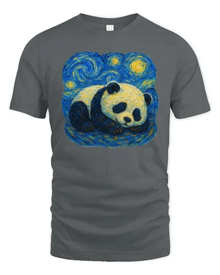 Sleeping Panda T-Shirt Starry Night Style Animal Art Tee - gray t-shirt on white background