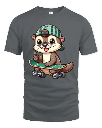 Cute Skater Otter T-Shirt Funny Animal Skateboard Tee - gray t-shirt on white background