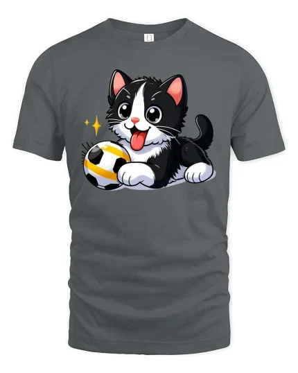 Cute Soccer Cat T-Shirt Funny Kitten Playing Ball Tee - gray t-shirt on white background