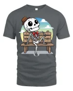 Funny Skeleton Bench T-Shirt Cute Cartoon Skull Graphic - gray t-shirt on white background