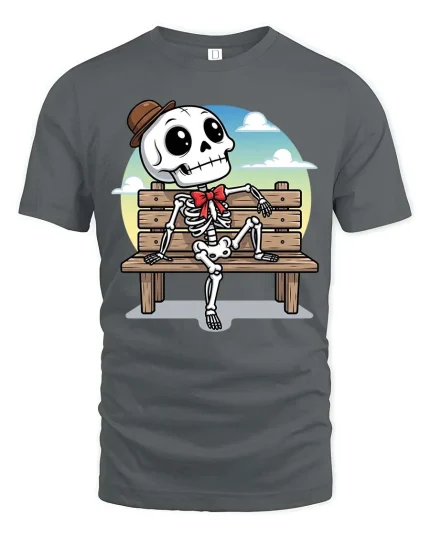 Funny Skeleton Bench T-Shirt Cute Cartoon Skull Graphic - gray t-shirt on white background
