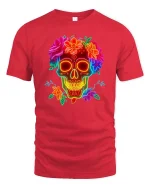 Neon Skull Flower T-Shirt Colorful Sugar Skull Graphic - red t-shirt on white background