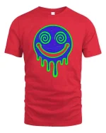 Neon Drip Smile T-Shirt Psychedelic Face Graphic Tee - red t-shirt on white background