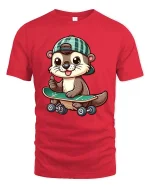 Cute Skater Otter T-Shirt Funny Animal Skateboard Tee - red t-shirt on white background