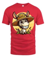 Funny Farm Donkey T-Shirt Cute Smiling Mule Graphic Tee - red t-shirt on white background
