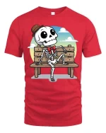 Funny Skeleton Bench T-Shirt Cute Cartoon Skull Graphic - red t-shirt on white background