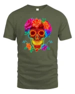 Neon Skull Flower T-Shirt Colorful Sugar Skull Graphic - military green t-shirt on white background