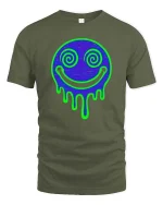 Neon Drip Smile T-Shirt Psychedelic Face Graphic Tee - military green t-shirt on white background