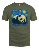 Sleeping Panda T-Shirt Starry Night Style Animal Art Tee - military green t-shirt on white background