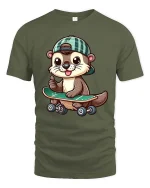 Cute Skater Otter T-Shirt Funny Animal Skateboard Tee - military green t-shirt on white background
