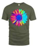 Colorful Flower T-Shirt Vibrant Rainbow Floral Graphic Tee - military green t-shirt on white background