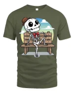 Funny Skeleton Bench T-Shirt Cute Cartoon Skull Graphic - military green t-shirt on white background