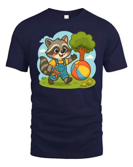 Cute Raccoon T-Shirt Funny Animal Playing Ball Graphic - navy t-shirt on white background