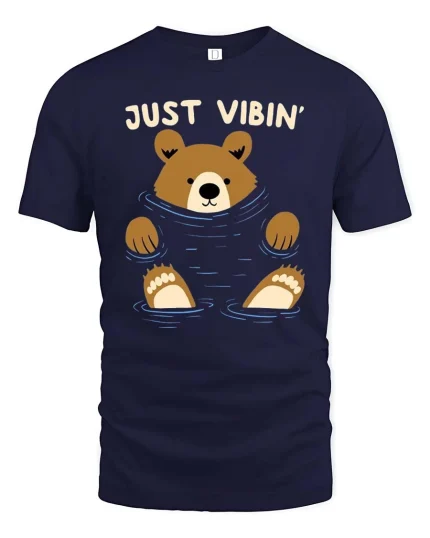 Just Vibin Bear T-Shirt Funny Relaxing Animal Graphic Tee - navy t-shirt on white background