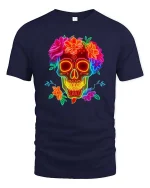 Neon Skull Flower T-Shirt Colorful Sugar Skull Graphic - navy t-shirt on white background