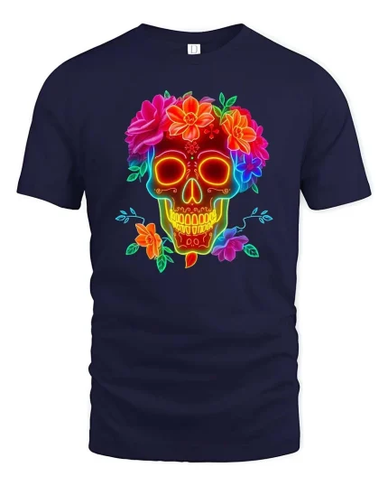 Neon Skull Flower T-Shirt Colorful Sugar Skull Graphic - navy t-shirt on white background