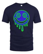 Neon Drip Smile T-Shirt Psychedelic Face Graphic Tee - navy t-shirt on white background