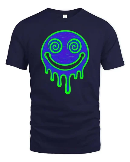 Neon Drip Smile T-Shirt Psychedelic Face Graphic Tee - navy t-shirt on white background