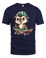 Cute Skater Otter T-Shirt Funny Animal Skateboard Tee - navy t-shirt on white background
