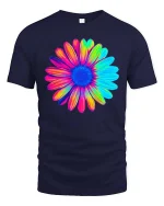 Colorful Flower T-Shirt Vibrant Rainbow Floral Graphic Tee - navy t-shirt on white background
