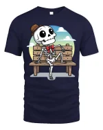 Funny Skeleton Bench T-Shirt Cute Cartoon Skull Graphic - navy t-shirt on white background